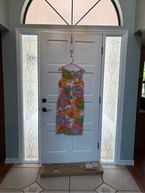 David Meister Tropical Floral Midi Dress in Orange, Pink & Green